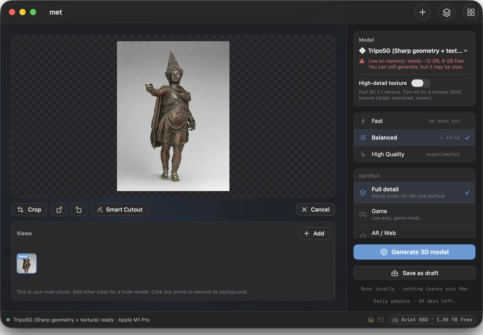 3D Mate prepare screen - pick a local AI model, quality preset, and output type for a photo