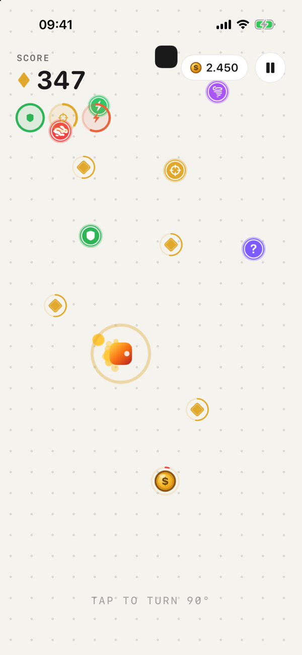 90° Game gameplay with power-ups