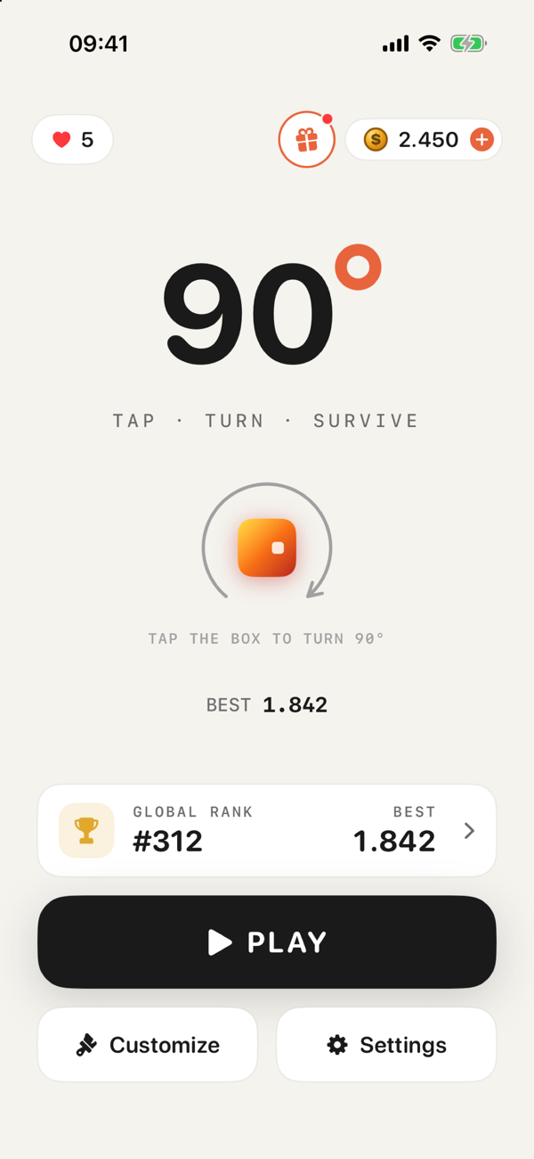 90° Game home screen