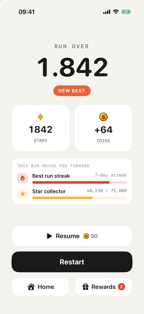 90° Game run-over results screen